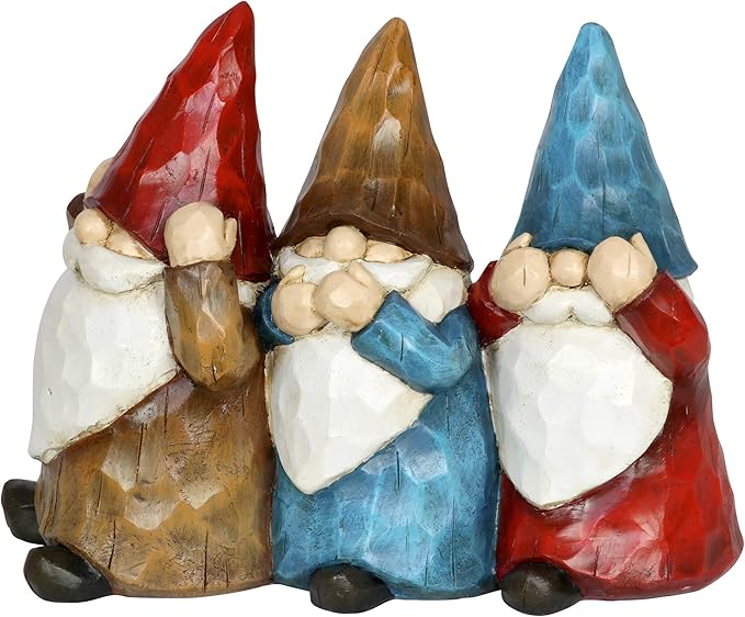 Exhart Garden Gnomes, See No, Hear No, Speak No Evil Garden Gnome Statue, Hand Painted Outdoor Garden Decorations, 12 x 9 Inch