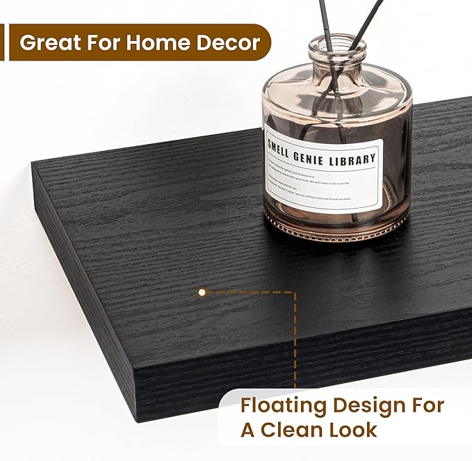 36 Inch Floating Shelves, 9.3 Inch Deep Rustic Wall Shelves - Extra Deeper Wall Mounted Storage Shelves for Bathroom, Kitchen, Living Room (Black, Set of 2)