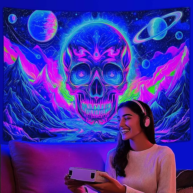 Blacklight Skull Tapestry, UV Reactive Gothic Skeleton Mountain Galaxy Planet Wall Hanging Tapestries, Glow in the Dark Horror Face Halloween Aesthetic Poster for Bedroom Living Room Decor 80X60IN
