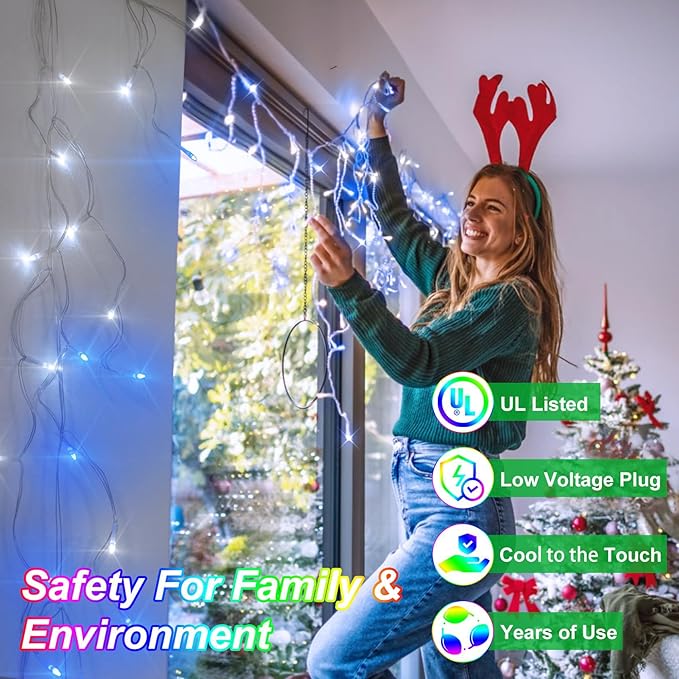 792 LED Christma Lights with 176 Drops, 82ft Outdoor Hanging lights with 8 Modes & Timer Memory, Outsite Waterproof Curtain String Lights for Front House Fence Tree Holiday Decorations Blue & White
