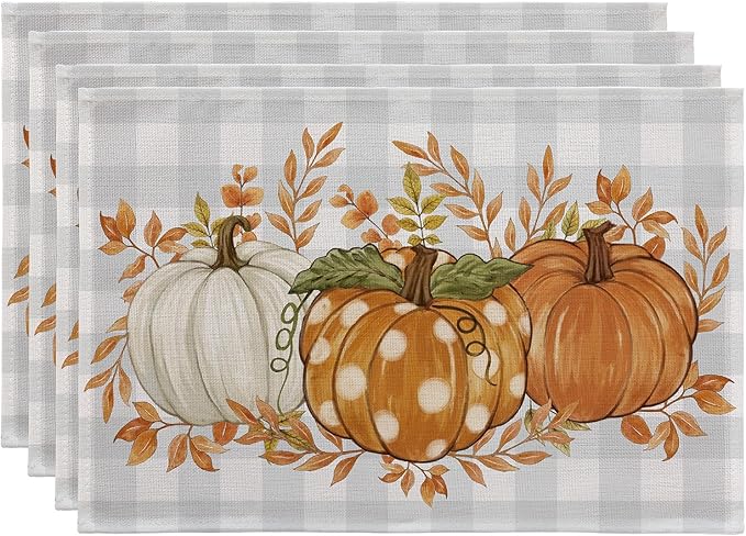 Romanstile Fall Placemats Set of 6-12 X 18 Inch - Thanksgiving Autumn Harvest Pumpkin Buffalo Plaid Place Mats, Stain Resistant Wipeable Table Mats for Party/Dining/Holiday- Grey Blue Checkered