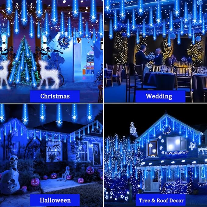 Outdoor Christmas Lights Meteor Shower Lights UL Certified 8 Tubes 192 LED Snow Falling Rain Drop Light Dripping Icicle String Light for Christmas Tree Decorations Xmas Wedding Party, Blue