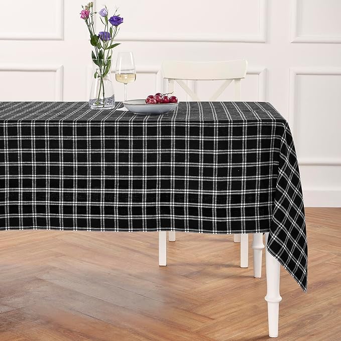Solino Home Linen Plaid Tablecloth 60 x 120 Inch - 100% Pure Linen Marseille Plaid Black Table Cloth for Rectangle Tables - Machine Washable Tablecloth for Fall, Autumn, Halloween, Thanksgiving