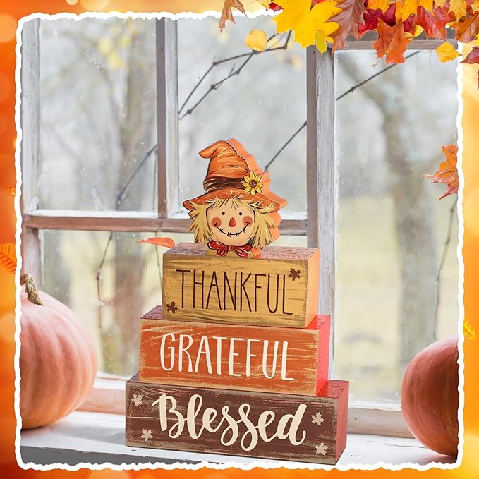 4 Pcs Fall Thanksgiving Decor for Home Sunflower Scarecrow Wooden Sign with Sayings Fall Scarecrow Tiered Tray Decor Blessed Tabletop Centerpiece Maple Leaf Block Signs for Autumn Office Kitchen Shelf