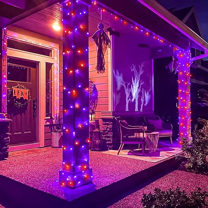 Purple and Orange Halloween Lights, 100FT 300 LED String Lights for Outside with 8 Modes Waterproof, Plug in Green Wire Twinkle Light for Indoor Tree Patio Garden Party House Holiday Decor