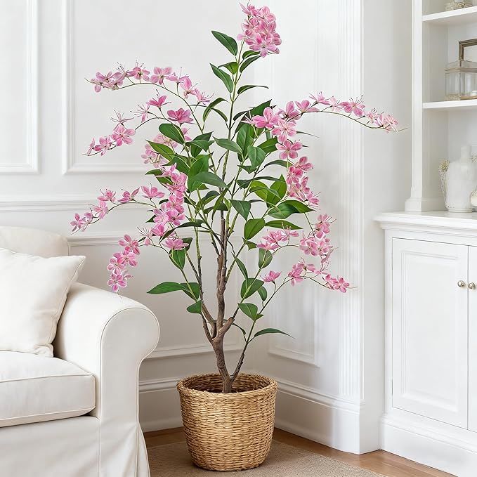 Artificial Jasmine Tree 5ft Beige Flower Pot Fake Plants, Lifelike Artificial Trees with Natural - Looking Blooms, Perfect for Any Space