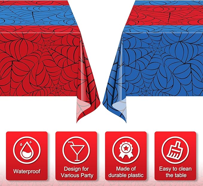 4Pcs Spider Web Themed Birthday Party Tablecloths Decorations,Mix Blue and Red Hero Plastic Table Cover Disposable Rectangle Table Cloth for Baby Shower Kids Boys Birthday Party Supplies,54x108 Inch