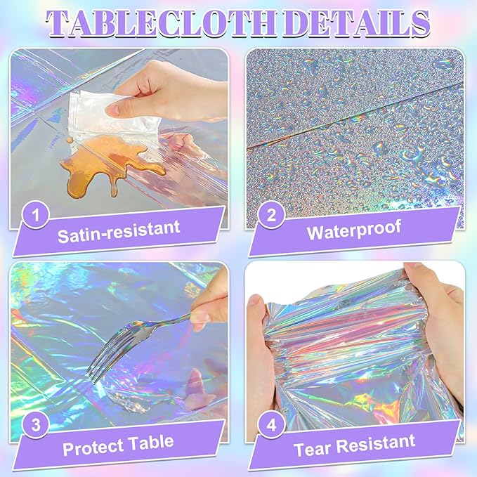 3 Pcs Iridescent Plastic Tablecloth, 54 x 108 Inch Disposable Scalloped Table Covers Waterproof Rectangle Iridescence Table Cloths for Bachelorette Bridal Shower Wedding Birthday Iridescent Decor