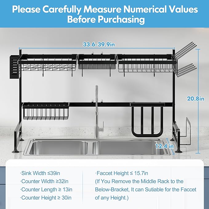 2 Tier Extra Large Stainless Steel Expandable Over The Sink Dish Drainer Drying Rack, Rust Proof Metal, Space Saving, Modern Black Big Capacity Extendable Plate Strainers Above Kitchen Counter