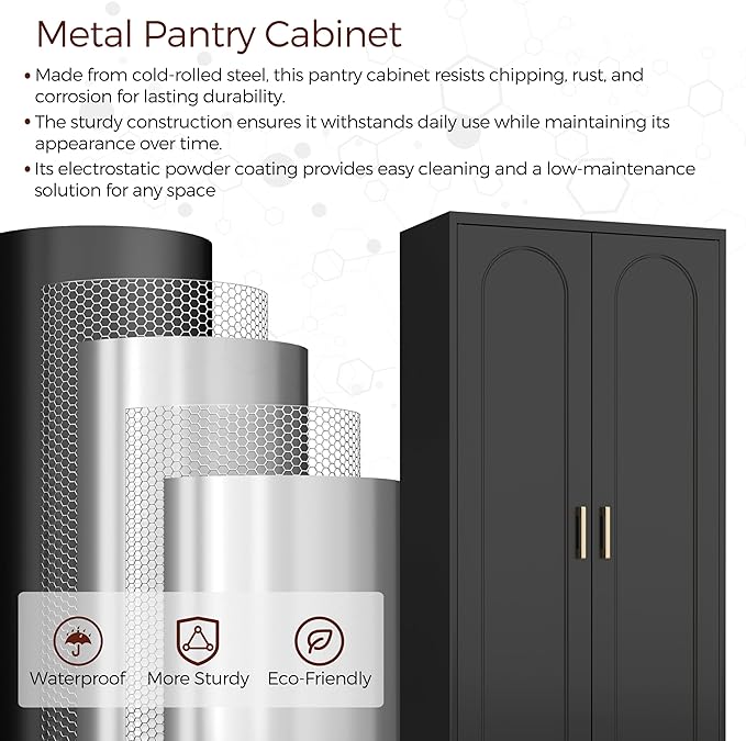 71" Tall Metal Pantry Cabinet with 4 Adjustable Shelves and Gold Handles Heavy-Duty Steel Storage for Kitchen, Dining Room or Office