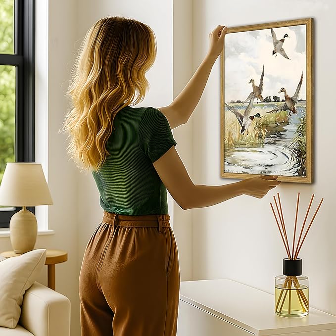 Framed Vintage Duck Wall Art Print, Rustic Mallard Watercolor Canvas Poster Wall Decor, Country Wildlife Bird Illustration for Farmhouse Living Room Kitchen Bedroom Decor 12x16 Inch