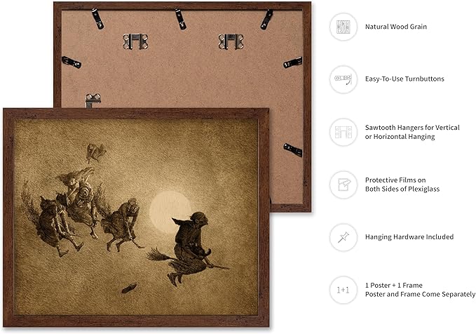 Poster Master Vintage William Holbrook Beard Poster - Retro Occult Print - Gift for Gothic, Horror Fan - The Witches Ride, Pagan, Goth, Magic - Wall Decor for Bedroom, Dorm, 11x14 Brown Framed