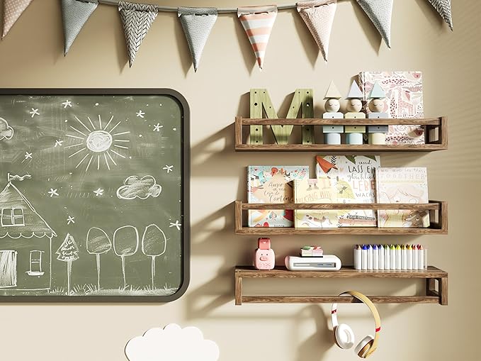 Upgraded Thick Floating Shelves - 24 Inch Multi-Use Wall-Mounted Bookshelves for Kids and Nursery, Ideal for Books, Toy, Spice Rack, Decor - Walnut Brown