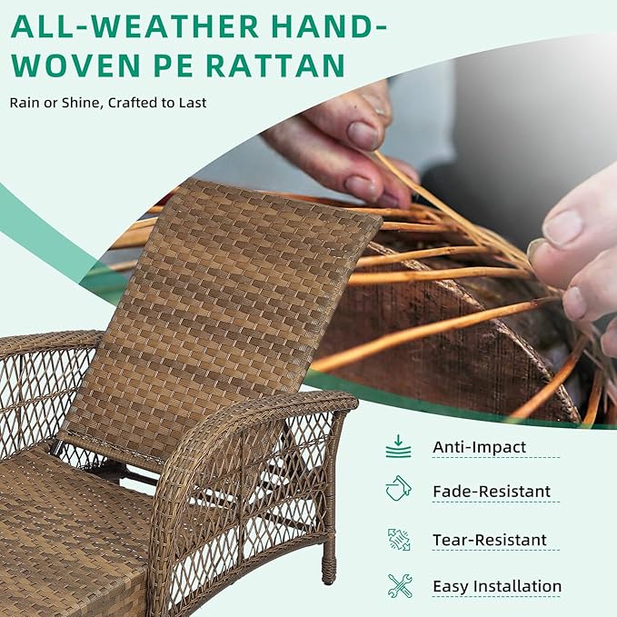 VIVIJASON Outdoor Wicker Chaise Lounge Chair, All-Weather PE Rattan Cushioned Patio Lounger Set with Side Table, 6-Position Adjustable Outside Pool Sunbathing Recliner with Armrest & Pillow, Beige