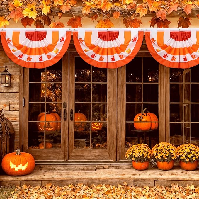 3 Pcs Fall Bunting Outdoor Flag for Outside 3 x 1.5 ft Fall Banner Leaf Pattern Hanging Pleated Bunting Fan Flag Autumn Thanksgiving Outdoor Decorations for Holiday Party