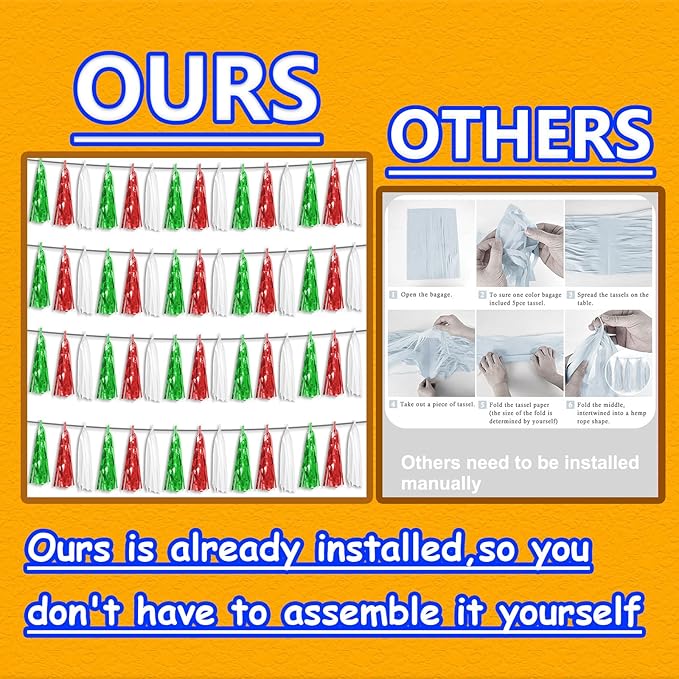 4P Red Green White Foil Fringe Metallic Tassel Streamers Banner Tassel Garland for Parade Floats, Graduation, Wedding, Birthday, Halloween, Christmas, Mexican Italian Birthday Party Decorations