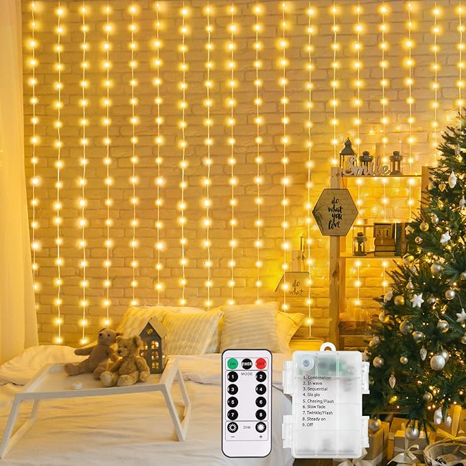 Curtain Lights Battery Operated 200 LED Curtain Fairy Lights 6.6×6.6ft with Remote Timer Outdoor Wall Light Fully Waterproof for Wedding Backdrops Bedroom Decor (Warm White)
