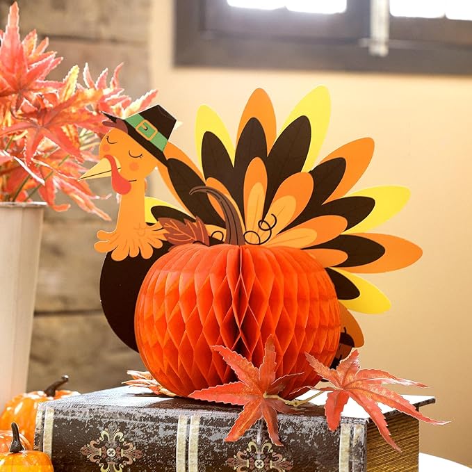 6 Pcs Fall Centerpiece Table Decorations Turkey Centerpiece Thanksgiving Table Decor 3D Paper Turkey Honeycomb Standing Decorations for Autumn Harvest Party Kitchen Tabletop Home Decor
