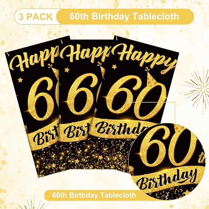3 Pack 60th Birthday Tablecloth, Plastic Black Gold Table Cloths 60th Birthday Table Cover, Disposable Rectangle Table Cloths for Birthday Party Decorations, 54x108