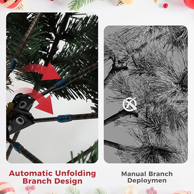 6.5ft Pre-lit Artificial Christmas Tree,Spruce Prelit Christmas Trees for Home,Office,Party Thickened PE&PVC Branch Tips & UL Listed Lights Incandescent Warm White,Fire-Resistant Automatic Branches