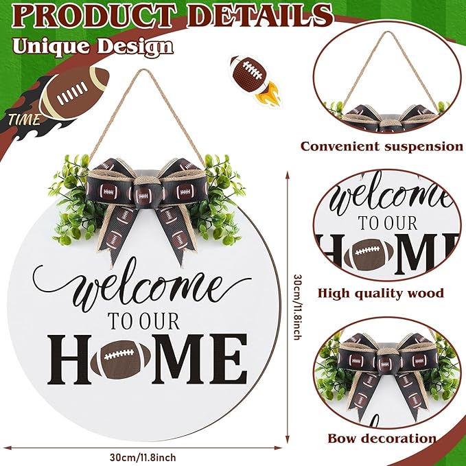 Hello Fall Football Sign for Front Door Thanksgiving Wooden Hanging Sign Fall Welcome Wreaths with Bow Turkey Farmhouse Wall Decoration for Home Autumn Harvest Front Porch Decor(Home)