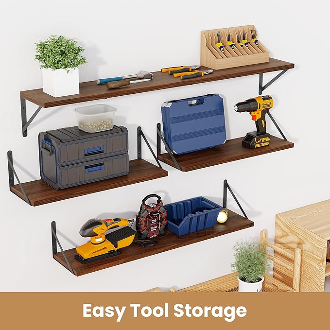 Heimlove 36 Inch Floating Bookshelves Set of 3,Heavy Duty Wall Mounted Bookshelves,Bookshelf for Living Room,Bedroom,Kitchen,Laundry Room Storage & Decor-Walnut Color