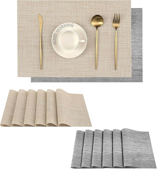 Leetaltree 6PC Grey& 6PC Beige Placemats Set of 12 - Heat Resistant Non-Slip Place mats for Dining Table, Washable Durable PVC Vinyl Woven Table Mats（6PC Grey&6PC Beige）, Grey&beige