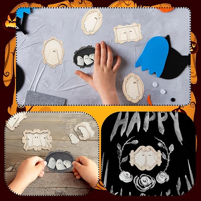 12 Set Wood Ghost DIY Frames Decorating Craft with Paint and Brush Unfinished Wooden Gift Ornaments Cute Ghost for Halloween Craft Art Party Supplies, Not Include Glue (Cute Style)