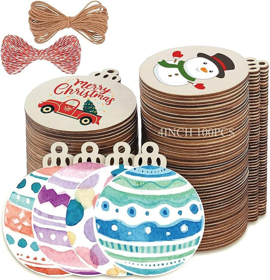 4" 100PCS Christmas Wooden Ornaments Unfinished, DIY Christmas Crafts for Kids Wood Slices DIY Crafts Supplies for Girls Adults, Christmas Ornaments Holiday Decoration