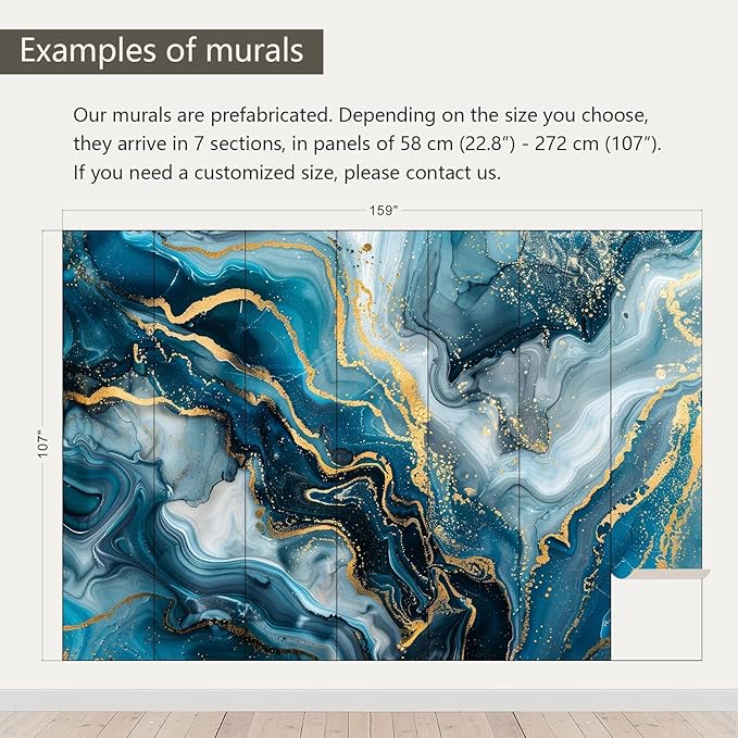 AFZEVEB-Blue and Gold Marble Wallpaper Abstract Art Wall murals for Bedroom 159"x107" (Not Peel and Stick)