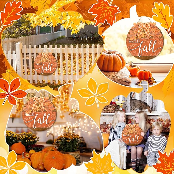Hello Fall Sign for Front Door Autumn Wooden Hanging Door Hanger Sign Fall Welcome Wreaths with Bow Maple Leaf Farmhouse Wall Decoration for Home Thanksgiving Harvest Front Porch Decor