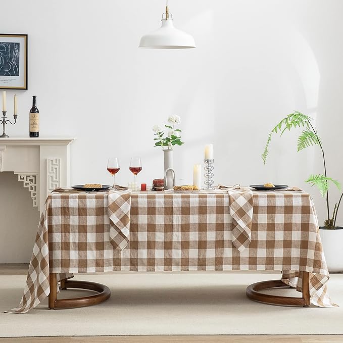EVERLY 100% Yarn-Dyed Linen Rectangle Tablecloths 60x132Inches for Dining,Buffet Parties,Picnic,Events and Restaurants,Decorative Halloween,Thanksgiving Machine Washable Tablecloths-Brown Plaid