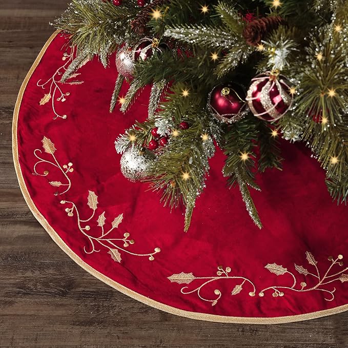 36 Inches Christmas Tree Skirt, Classical Velvet Fur Plush Red Tree Skirt, Xmas Tree Skirts for Merry Christmas Party Rustic Vintage Christmas Tree Decorations