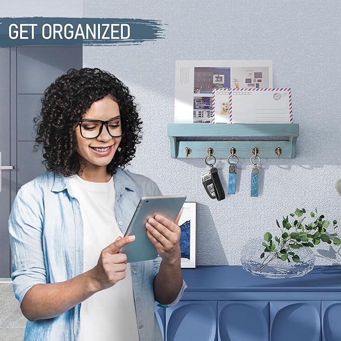 Rebee Vision Farmhouse Pine Wood Key Holder Wall Mount for Home Decor - Rustic Wall Key Holder with Shelf for Home Improvement - Ideal Entryway Organizer in Living Room (Distressed Blue)