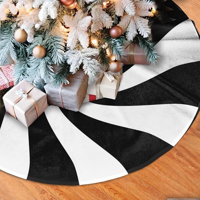 36" Black Sugar Swirl Candy Christmas Tree Skirt, Sweet Peppermint Tree Mat Base Cover for Xmas Festive Holiday Party Decoration Ornaments
