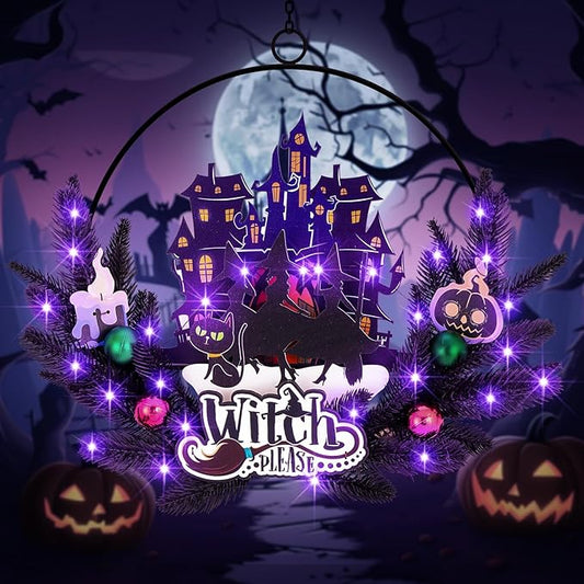 Lighted Halloween Wreaths for Front Door, Welcome Metal Wooden Door Wreath Decor Hanging Sign, 30 LED Lighted Wall Decor Battery Operated for Halloween Indoor Outdoor (Witch)