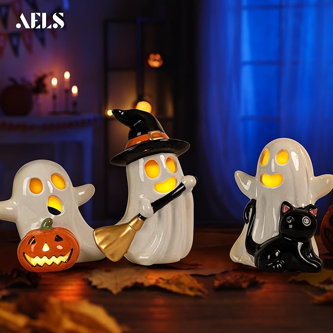 AELS Ceramic Happy Ghost with 3 Tea Lights, Spooky Candle Holder Set of 3, Tabletop Indoor Halloween Decorations for Holiday Party Home, Spooky Sculptures Ghost Figurines, Smoke White