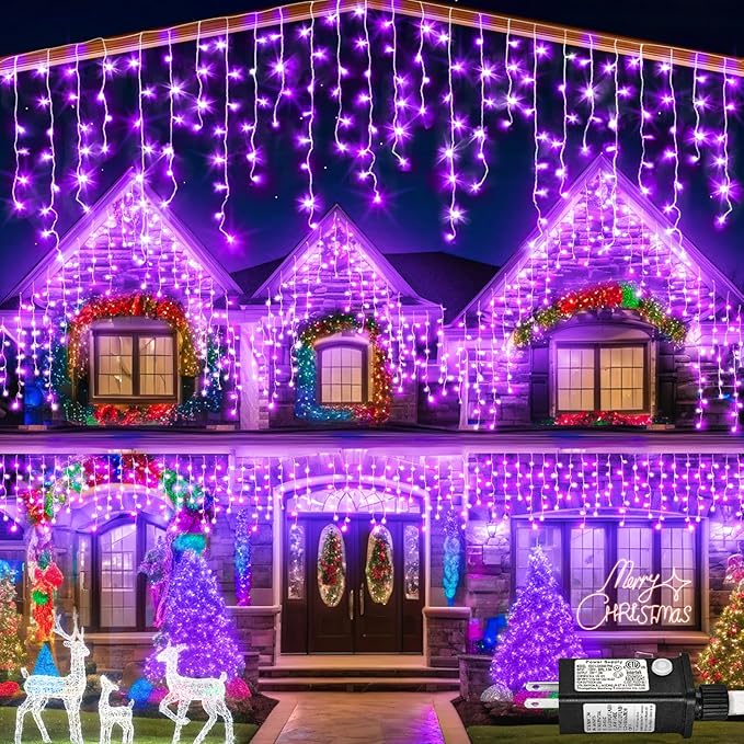 66ft Purple Halloween Lights Outdoor, 640 LED Icicle Lights for Outside Indoor Twinkle Lights with Connectable Clear Wire 8 Modes Timer Waterproof for House Party Tree Holiday Yard Decorations