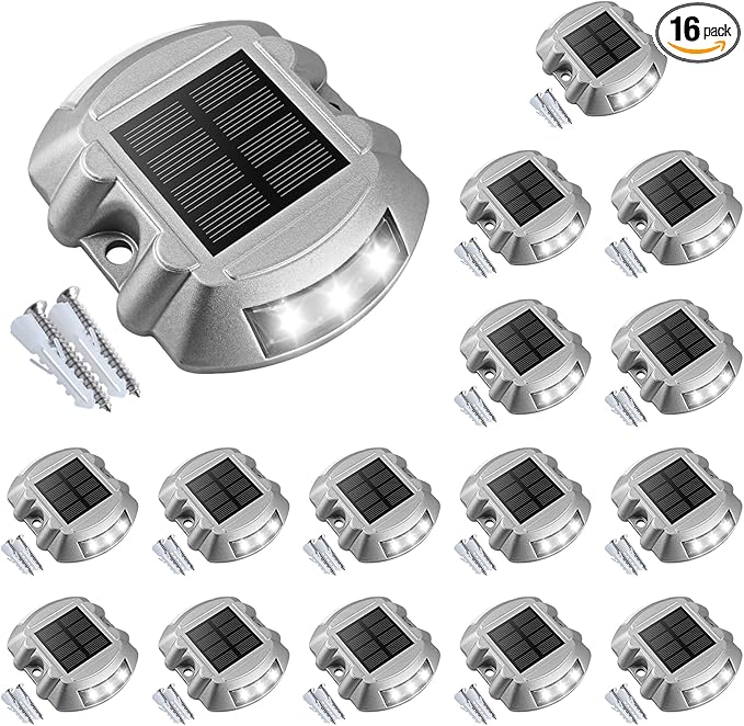 VOLISUN Solar Deck Lights, 16-Pack Led IP67 Waterproof Outdoor Warning Step Lights for Driveway, Sidewalk, Garden Pathway, Yard (White)