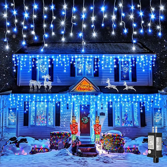 Icicle Christmas Lights Outdoor, 66ft 640 LED Blue and White Christmas Lights 8 Modes with 120 Drops, Waterproof Icicle Light Plug in for Indoor Outside Party Holiday Xmas Halloween Decorations