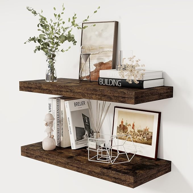 30 Inch Floating Shelves, 12 Inch Deep Floating Shelf for Wall, Rustic Deep Shelves for Books, Bathroom, Living Room, Kitchen, 30 x 12 x 2 Wood Floating Shelves, Rustic Brown Color, Set of 2