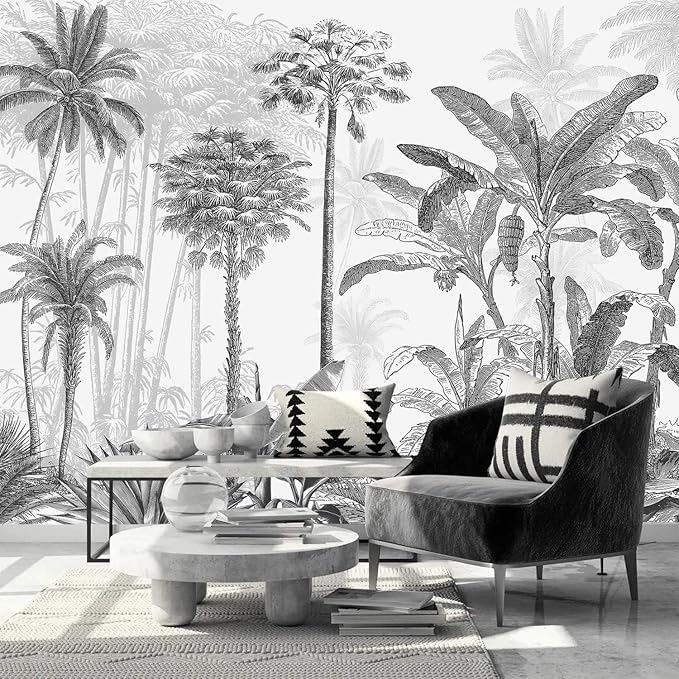 AFZEVEB-Black and White Jungle Wallpaper Hand-Painted Tree Wall murals for Bedroom 114"x74" (Not Peel and Stick)