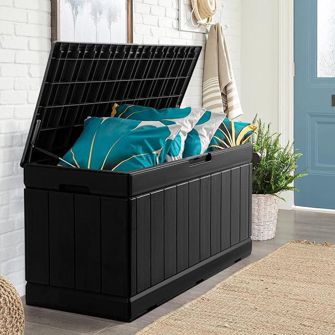 JUMMICO 83 Gallon Outdoor Deck Box Large Resin Storage Box for Patio Furniture Cushions and Garden Tools (Black)