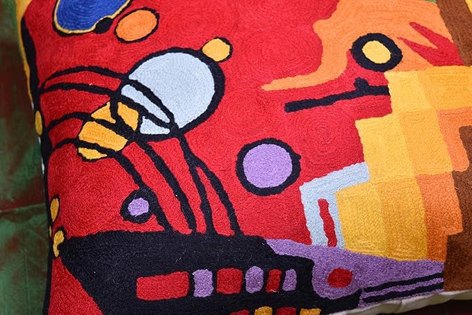 Kandinsky Contemporary Throw Pillow Cover - Heavy Red Space Modern Cushion | Abstract Throw Pillows | Contemporary Pillow | Abstract Chair Cushions | Hand Embroidered Cushion | Wool Size 18x18