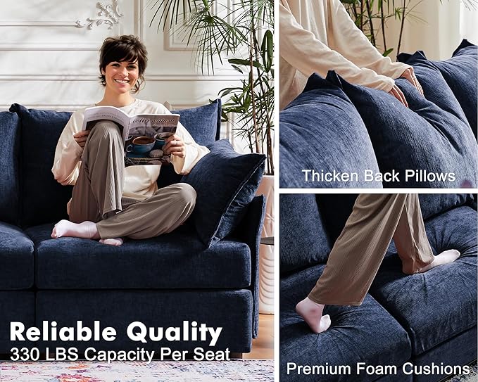 134.6" Modular Sectional Sofa, Oversized 4 Seater Blue Couch with Removable Chenille Fabric Cover, Deep Seat & High Backrest for Living Room, Office & Apartment