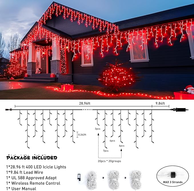 JMEXSUSS 400 LED Red Icicle Lights for Halloween Decor, Connectable Red Halloween Lights Indoor Outdoor with Remote, Christmas Light for Room Fireplace Christmas Decorations
