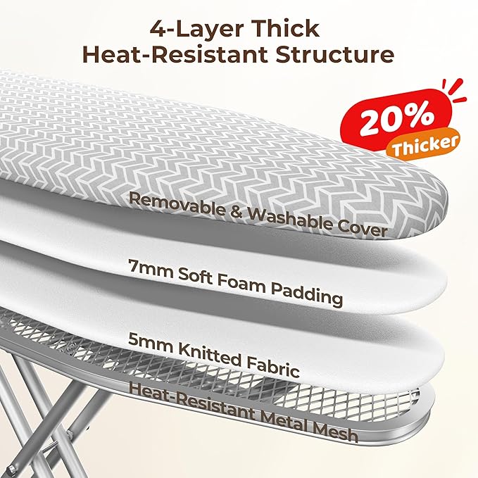 Yaheetech Foldable Ironing Board, Heavy Duty Iron Board with 9 Adjustable Heights, 4 Layer Cover and Safety Iron Rest, 52X14 Compact and Space Save Iron Board for Home Laundry Room Use, Gray&White