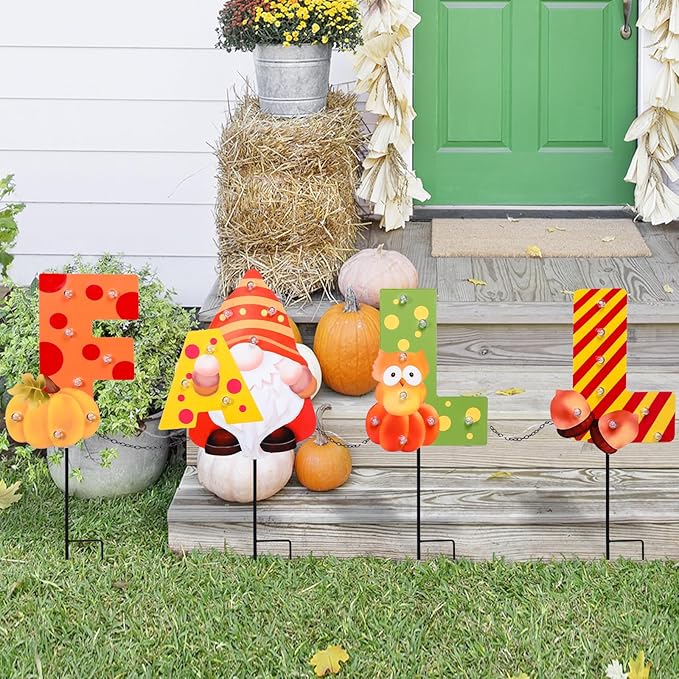 WONDER GARDEN Fall Yard Stakes Yard Signs, 4 Pack Metal Thanksgiving Lighted Garden Stakes, Gnome Sign with LED Lights for Harvest,Outdoor, Lawn,Farmhouse Decorations