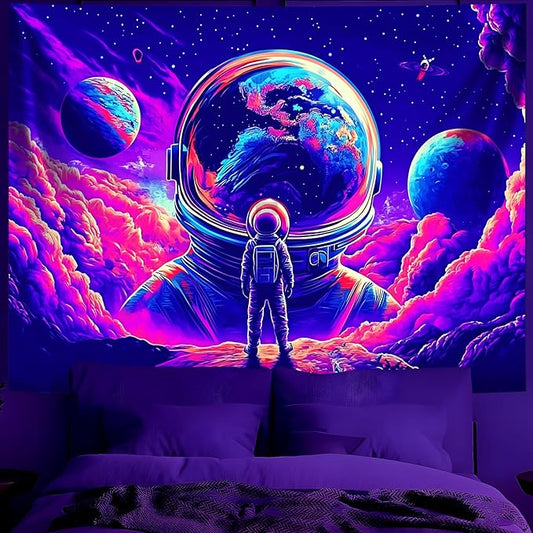BVBOX Astronaut Space Blacklight Tapestry 79"x59", UV Reactive Astronaut Universe Planet Glow in Dark Tapestries, Black Light Neon Upright Poster Wall Hanging Backdrop Decor for Bedroom Living Room