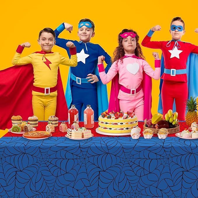 6Pcs Spider Web Themed Birthday Party Tablecloth Decorations,Blue Hero Plastic Table Cover with Red Runner Disposable Rectangle Table Cloth for Baby Shower Kids Boy Birthday Party Supplies,54x108 Inch